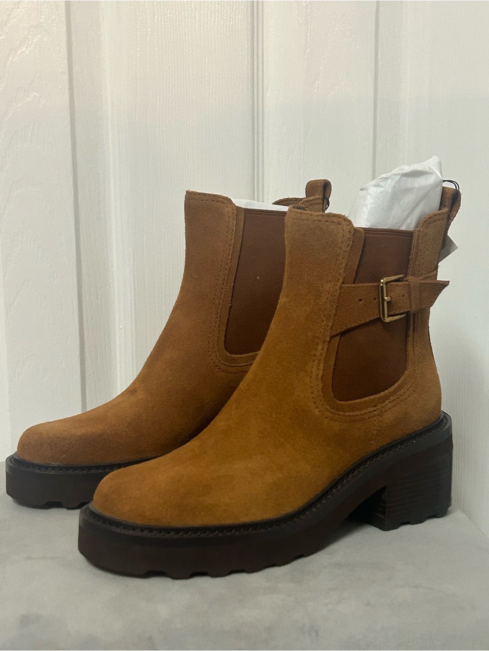 NWT Cole Haan Chestnut Suede Chelsea Booties with Buckle